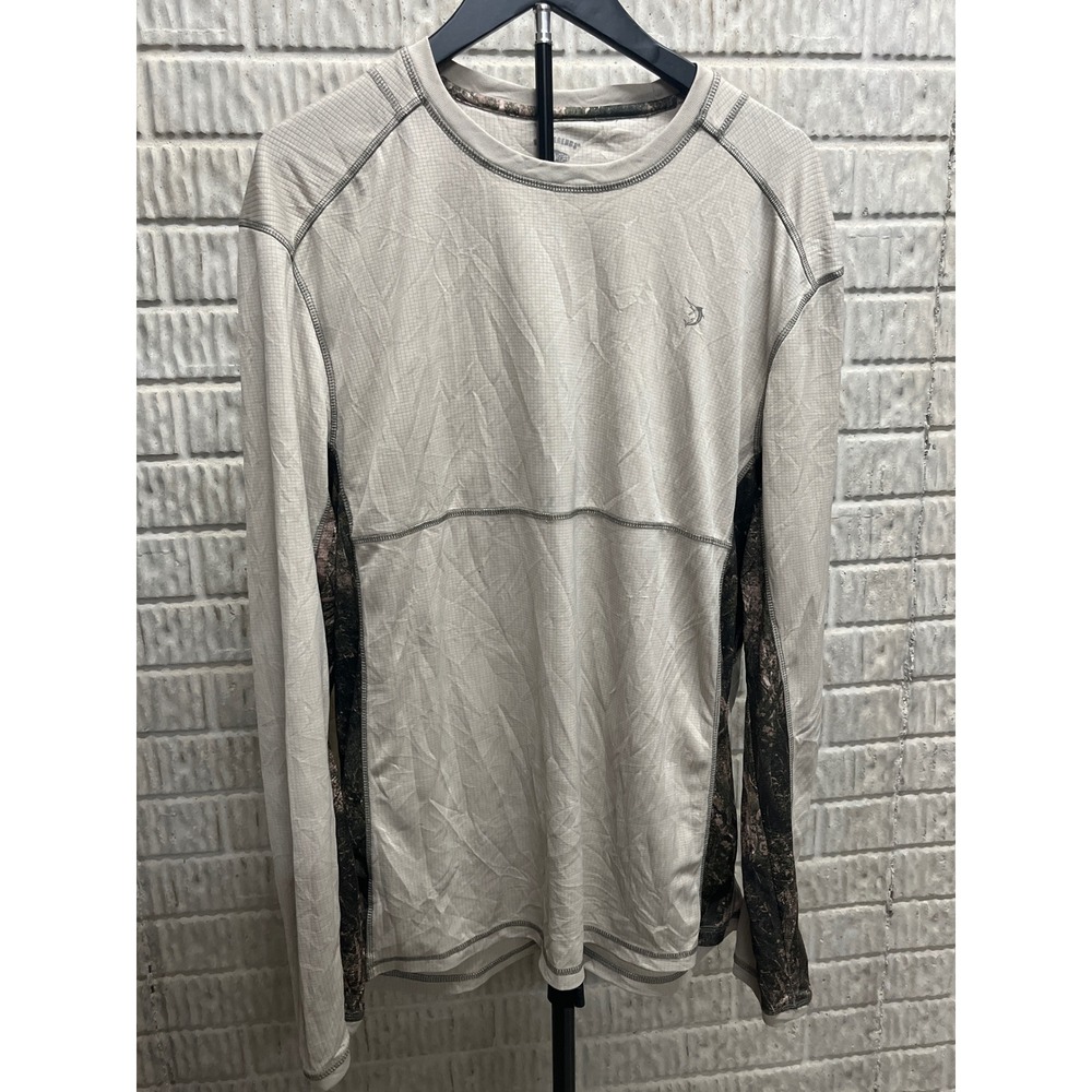 Reel Legends Mens Long Sleeve Performance‎ Shirt Tan Camo Trim Activewear Large